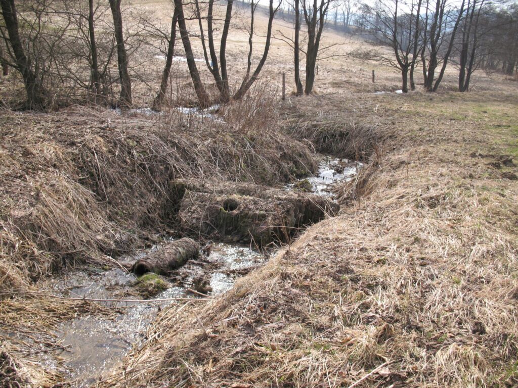 Jak stavebnici rozložila voda představu ovládání energie toku přírodě vzdáleným způsobem (foto J. Malík, jaro 2010). Foto pořízeno několik desítek metrů pod Lukavským rybníkem.